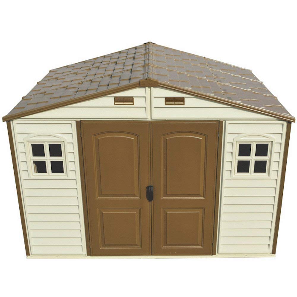 Duramax WoodSide 10 x 8 (8.02 m2) Plastic Garden Shed with 3 Fixed Windows & Metal Foundation Kit, Strong Metal Roof Structure Fire Retardant and Maintenance-Free Storage Shed
