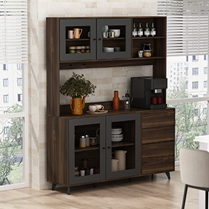 Freestanding Kitchen Pantry Storage Cabinet with Glass Doors, Shelves & Drawers