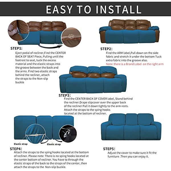 Easy-Going PU Leather Recliner Sofa Slipcovers, Waterproof Stretch Sofa Covers, 8 Pieces Stretch Furniture Protector, Elastic Strap Shield Pets Kids Children Cats Dogs Beige