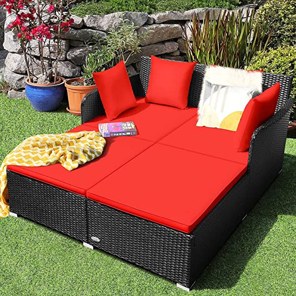Salches Outdoor Rattan Daybed, Patio Loveseat Sofa Set w/Comfortable Cushions, Extra Pillows & Metal Foot, Sunbed Wicker Furniture for Yard/Poolside/Living Room/Garden/Porch (Red)