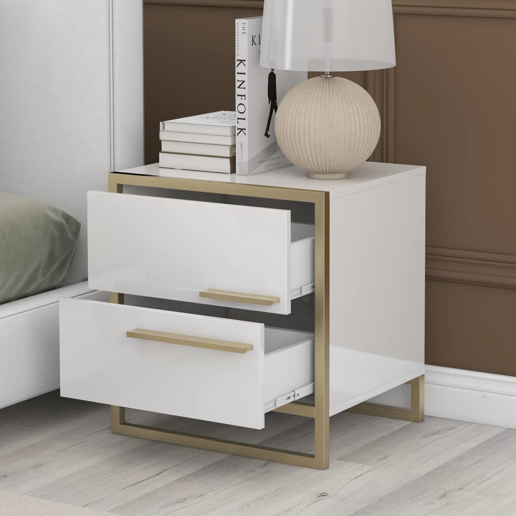 【Furniture】Nightstand with 2 Storage Drawers, Bedside Table with Gold Legs, End Table-Black