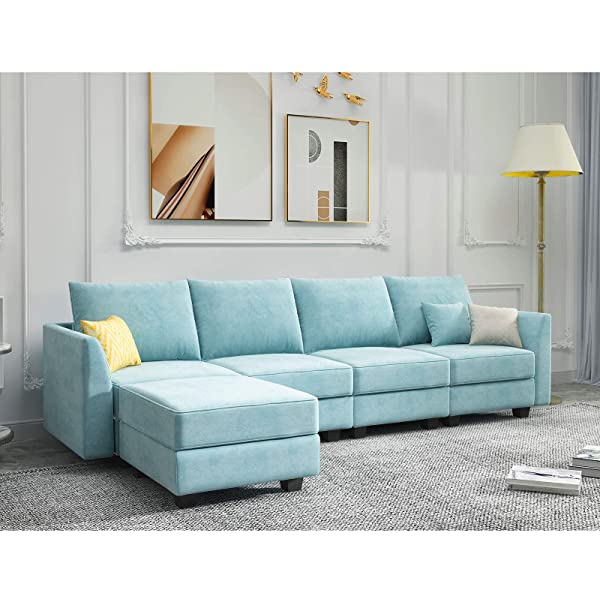HONBAY Convertible Sectional Sofa U Shaped Couch with Reversible Chaise Modular Oversized Couch Sectional Sofa with Ottomans, Aqua Blue U Shape Sofa-1 Blue