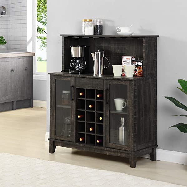 Bar Cabinet with Wine Rack and Glass Doors (Grey wash- Solid)