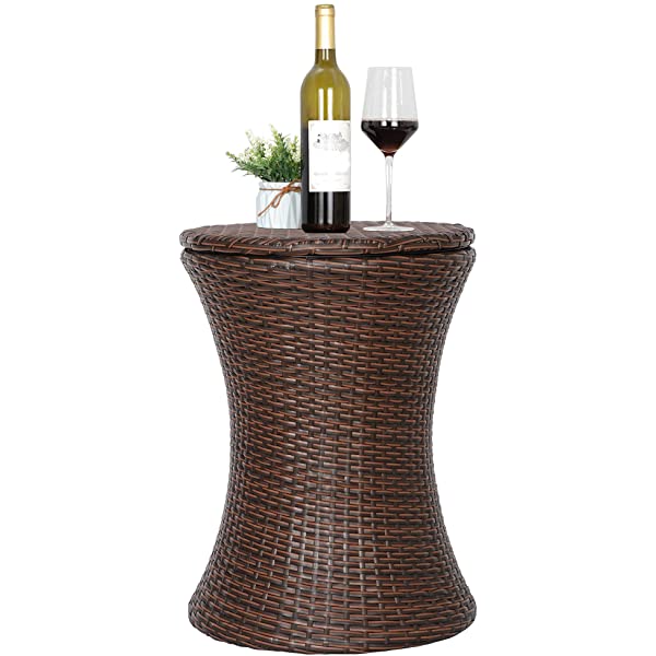 ZENY Cool Bar Rattan Style Patio Pool Cooler Table W/Height Adjustable Top Outdoor Wicker Ice Bucket Cocktail Coffee Table for Party Deck Pool Use, Set of 2