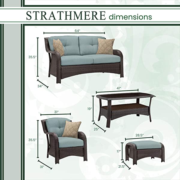 Hanover Strathmere 6-Piece Outdoor Patio Conversation Set, 2 Side Chairs with Ottomans, Loveseat and Tempered Glass Coffee Table, with Hand-Woven Wicker and Thick Cilantro Green Cushions, STRATHMERE6PC