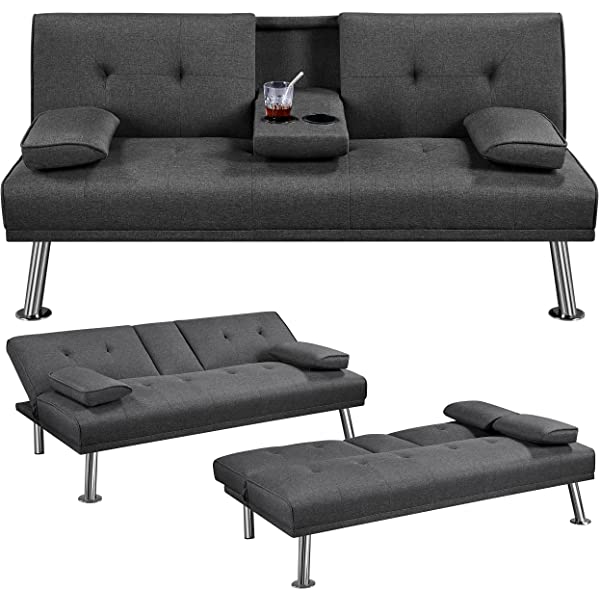 YAHEETECH Linen Fabric Modern Sofa Bed Sectional Couch Bed Folding Recliner Sleeper Reversible Loveseat Convertible Daybed, 2 Cup Holders, 3 Angles, 772lb Capacity, Removable Armrests, Dark Gray