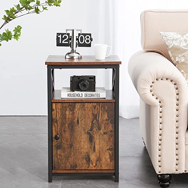 VECELO Modern Versatile Nightstands X-Design Side End Table Night Stand Storage Shelf with Bin Drawer for Living Room Bedroom, Brown+Black Brown+black Modern