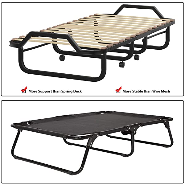 Giantex Rollaway Folding Bed with 4 Inch Mattress, Portable Foldable Guest Bed for Adults, Sturdy Metal Frame, Memory Foam Mattress, Folding Bed Cot Size (Beige & Black) Wood