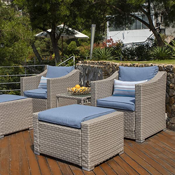 COSIEST 5-Piece Outdoor Furniture Lounge Set Warm Gray Wicker Sectional Sofa w Thick Cushions, Glass-Top Table, 2 Ottomans, 2 Teal Pattern Pillows for Garden, Pool, Backyard
