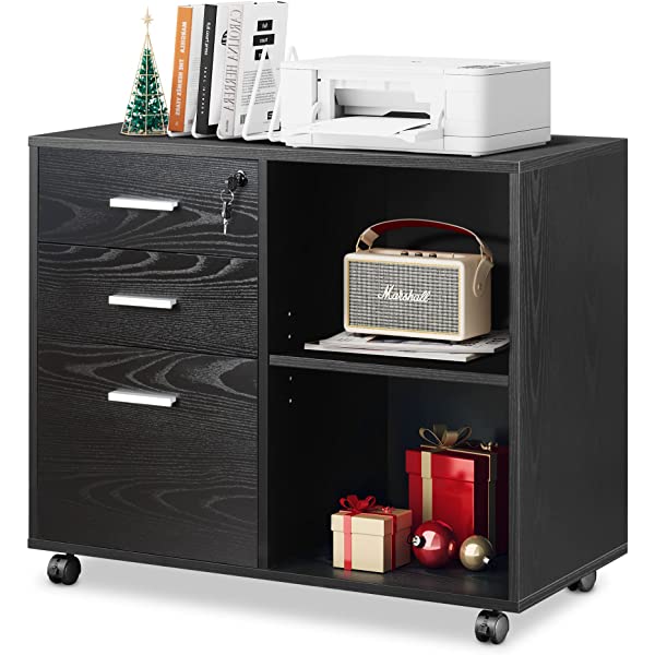 DEVAISE 3-Drawer Wood File Cabinet with Lock, Mobile Lateral Filing Cabinet, Printer Stand with Open Storage Shelves for Home Office, Black