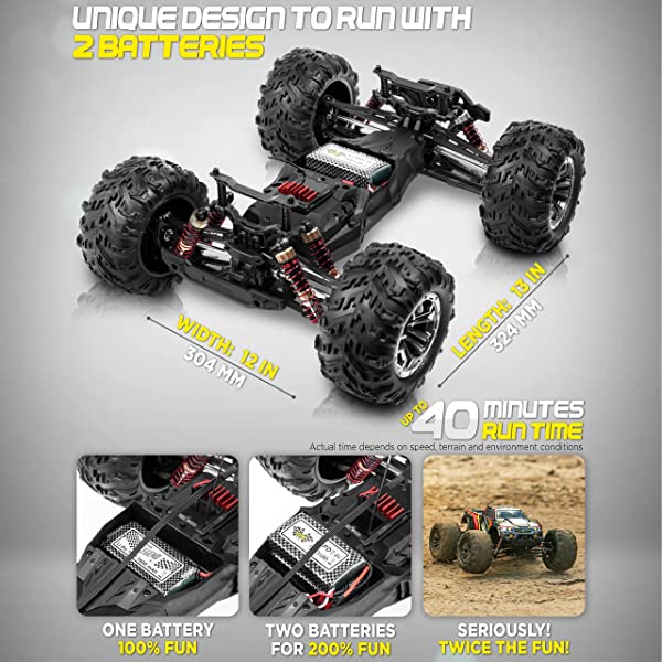 1:10 Scale Large RC Cars 50+ kmh Speed - Boys Remote Control Car 4x4 Off Road Monster Truck Electric - Hobby Grade Waterproof Toys Trucks for Kids and Adults - 2 Batteries + Connector for 40+ Min Play Black - Red 1:10 Scale 31 mph