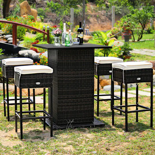 【Home&Garden】Patiojoy 5PCS Patio Rattan Bar Table Stool Set Hidden Storage Shelf Soft HW68244+
