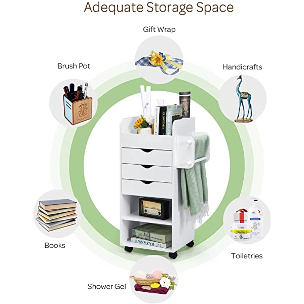 Tangkula Rolling Storage Drawer Cart, Wooden Utility Cart w/ 3 Drawers, 3 Shelves, 3 Slots and 2 Dowels, Organizer Cabinet w/ Lockable Casters, Mobile Cart for Study, Living Room, Office, White