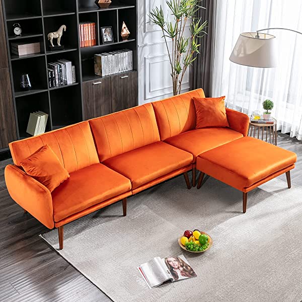 JOMEED Convertible Sectional Sofa Bed with Adjustable Backrest Modern Velvet Fabric L-Shaped Couch with Extra 2 Pillows Wide Chaise Lounge for Living Room (Orange)