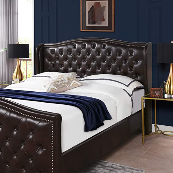 Jennifer Taylor Home Marcella Collection Queen Wingback Tufted Hand-Applied Nail Heads Upholstered Bed, Antique White Antique White Queen