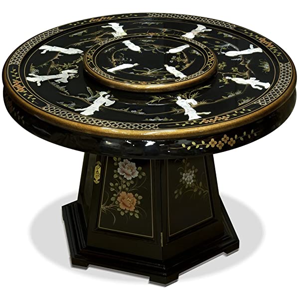 ChinaFurnitureOnline Black Lacquer Oriental Round Dining Table Set 6 Chairs 48in with Pearl Maidens