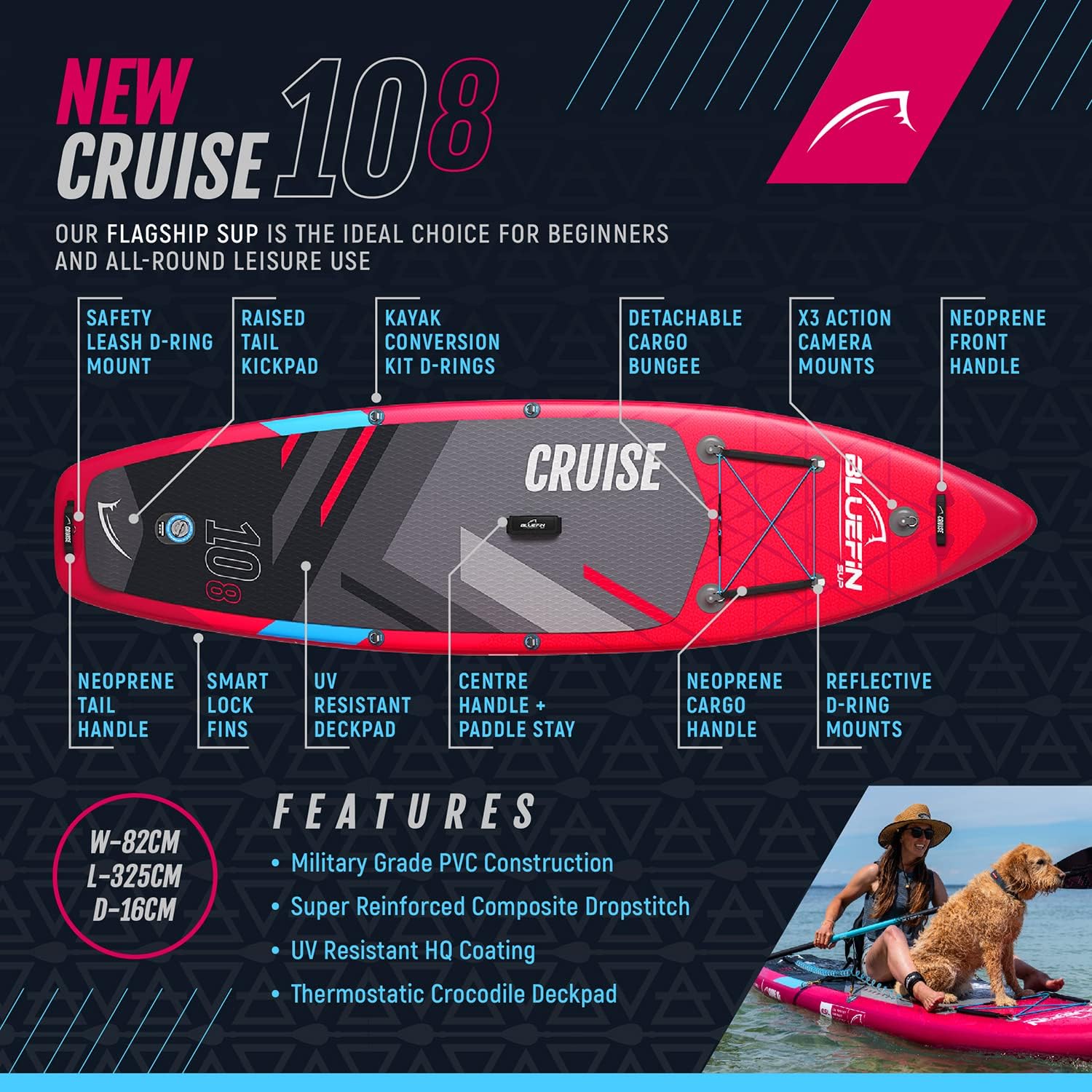 Bluefin Cruise SUP Inflatable Stand Up Paddle Board | Premium Paddleboard Accessories | Multiple sizes: Kids, 9'8, 10'4, 10’8, 12’, 15'