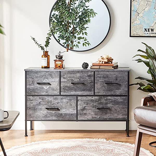 5 Drawer Dresser Long Wide Chest of Drawers Nightstand with Wood Top Rustic Storage Tower Storage Dresser Closet for Living Room, Bedroom, Hallway, Nursery, Kid Weathered Grey