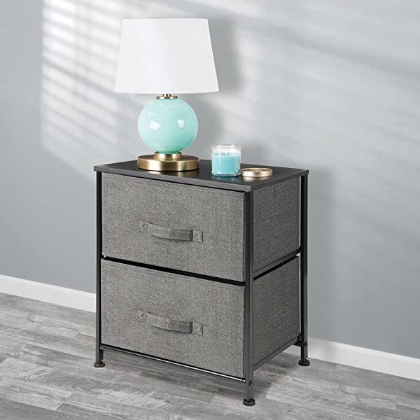 mDesign Storage Dresser End/Side Table Night Stand Furniture Unit - Small Standing Organizer for Bedroom, Office, Living Room, and Closet - 2 Drawer Removable Fabric Bins - Gray/White Grey