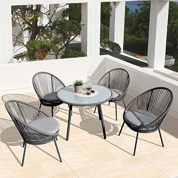 OC Orange-Casual 5 Pieces Patio Conversation Set, Outdoor Furniture Set, All-Weather Wicker Chairs with Round Glass Top Table and 4 Chairs, for Garden,Backyard, Indoor Outdoor Use, Yellow