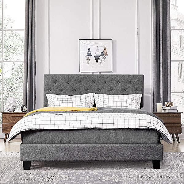 Giantex Shalini Upholstered Panel Platform Bed, Diamond Stitched Linen Panel Headboard, Metal Frame & 12 Strong Wooden Slat Support, Easy Assembly, Bed Mattress Foundation (Queen)