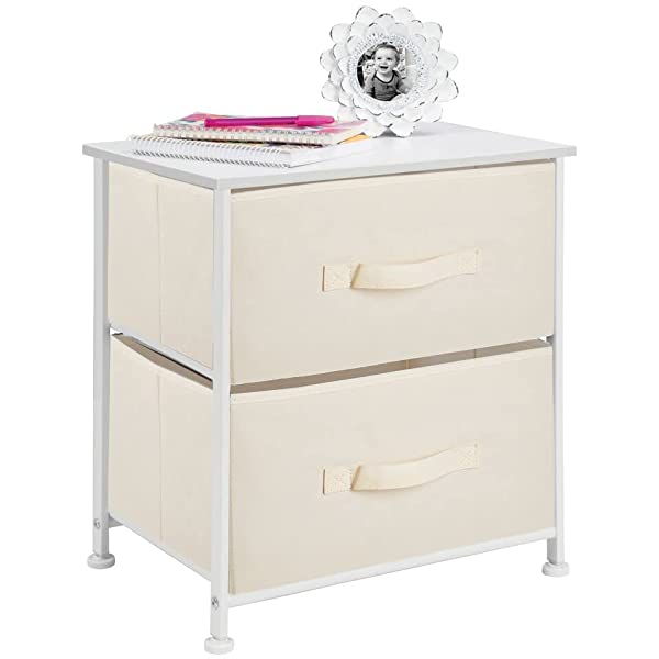 mDesign Storage Dresser End/Side Table Night Stand Furniture Unit - Small Standing Organizer for Bedroom, Office, Living Room, and Closet - 2 Drawer Removable Fabric Bins - Gray/White Grey