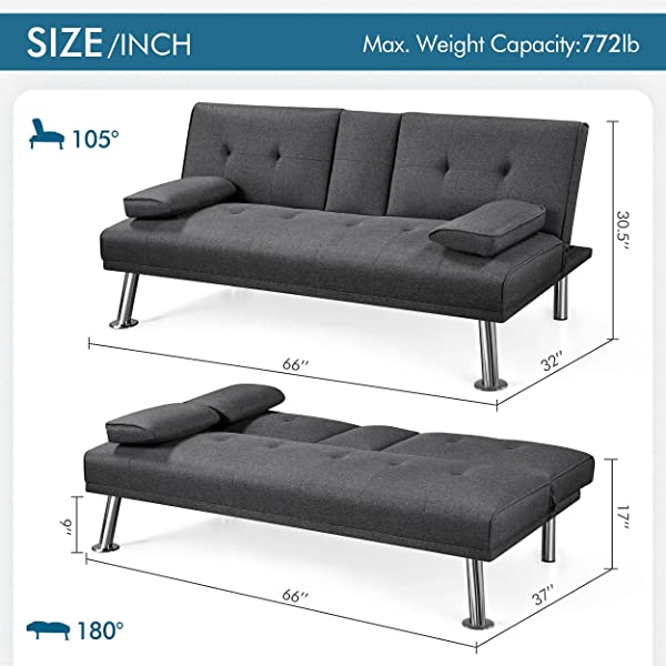 YAHEETECH Linen Fabric Modern Sofa Bed Sectional Couch Bed Folding Recliner Sleeper Reversible Loveseat Convertible Daybed, 2 Cup Holders, 3 Angles, 772lb Capacity, Removable Armrests, Dark Gray