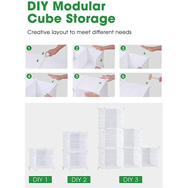 Puroma Cube Storage Organizer 6-Cube Closet Storage Shelves with Wooden Mallet DIY Closet Cabinet Bookshelf Plastic Square Organizer Shelving for Home, Office, Bedroom - Black Black Medium