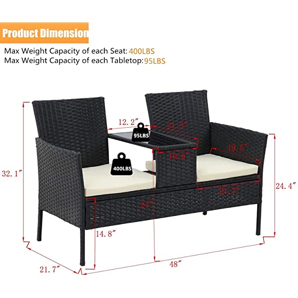 Outdoor Patio Loveseats, Patio Conversation Set with Cushions and Table, Wicker Sofa Set with Built-in Coffee Table, Tempered Glass Top, Modern Rattan Sofas for Garden Lawn Backyard Beige
