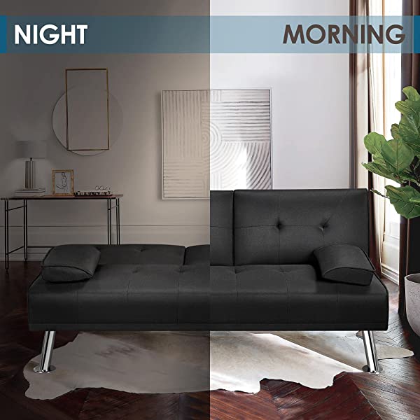 YAHEETECH Linen Fabric Modern Sofa Bed Sectional Couch Bed Folding Recliner Sleeper Reversible Loveseat Convertible Daybed, 2 Cup Holders, 3 Angles, 772lb Capacity, Removable Armrests, Dark Gray