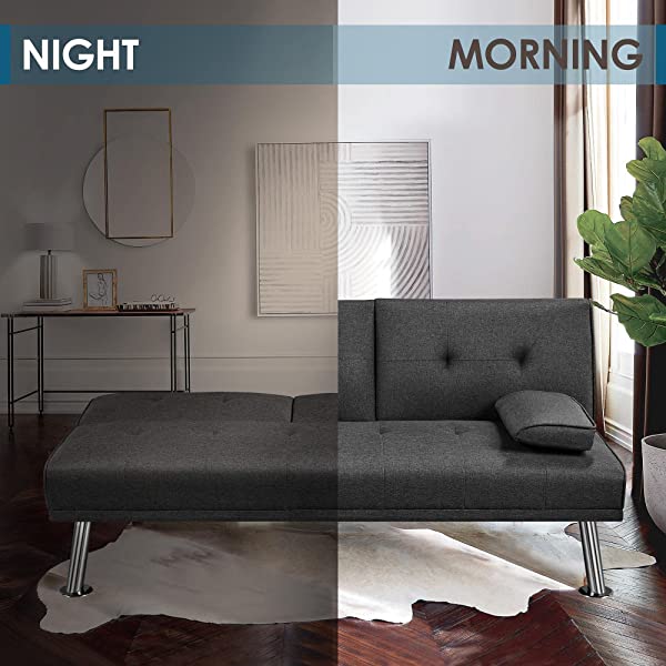 YAHEETECH Linen Fabric Modern Sofa Bed Sectional Couch Bed Folding Recliner Sleeper Reversible Loveseat Convertible Daybed, 2 Cup Holders, 3 Angles, 772lb Capacity, Removable Armrests, Dark Gray