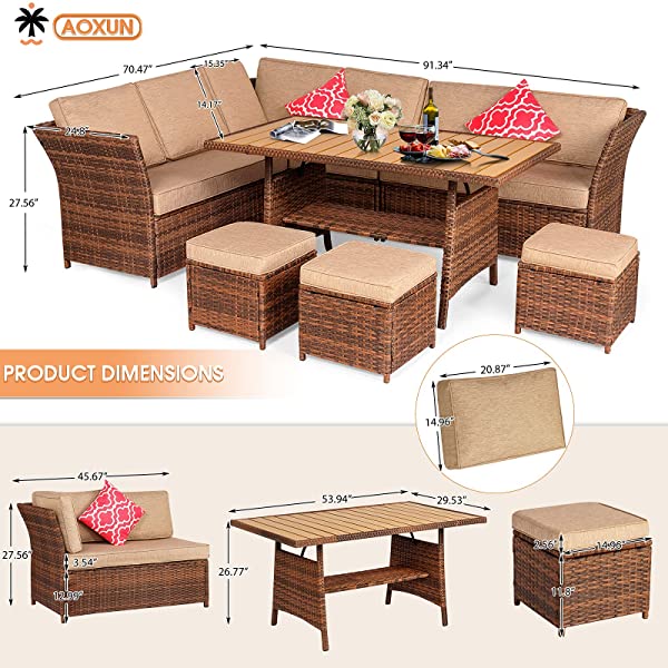 Aoxun 7 Pieces Outdoor Furniture Set, Sectional Sofa Conversation Set with Cushions and Pillows, All Weather Wicker Rattan Suitable for Deck or Yard(Brown) 7 Pieces - Brown