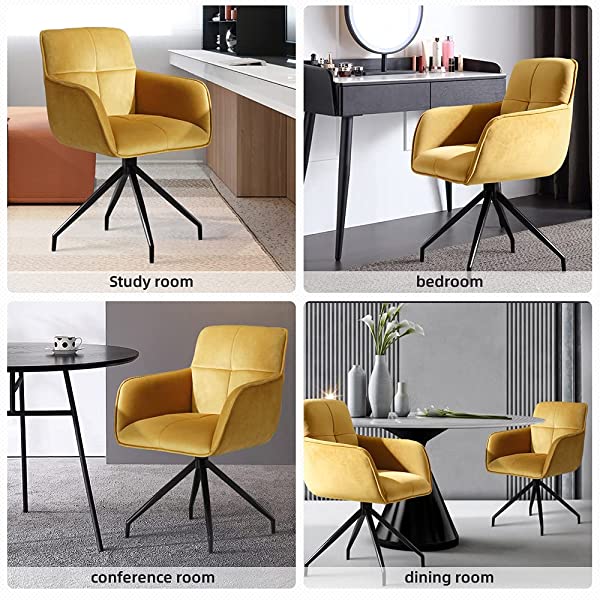 360°Swivel Home Study Velvet Chair Student Sedentary Comfortable Armchair Backrest Desk seat Anchor Rotating Living Chairs (Yellow/Gold)