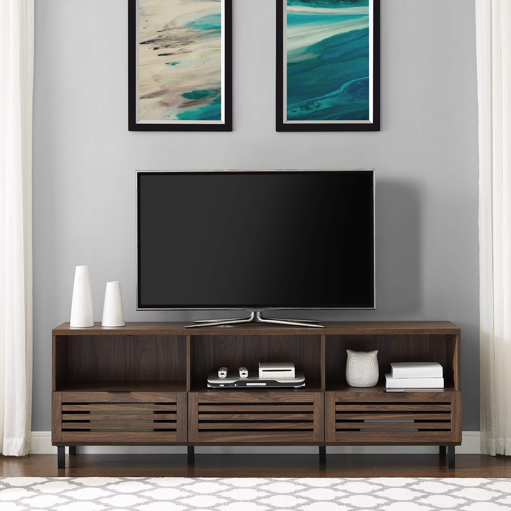 【Furniture】Modern Slatted Wood TV Stand for TV's up to 80