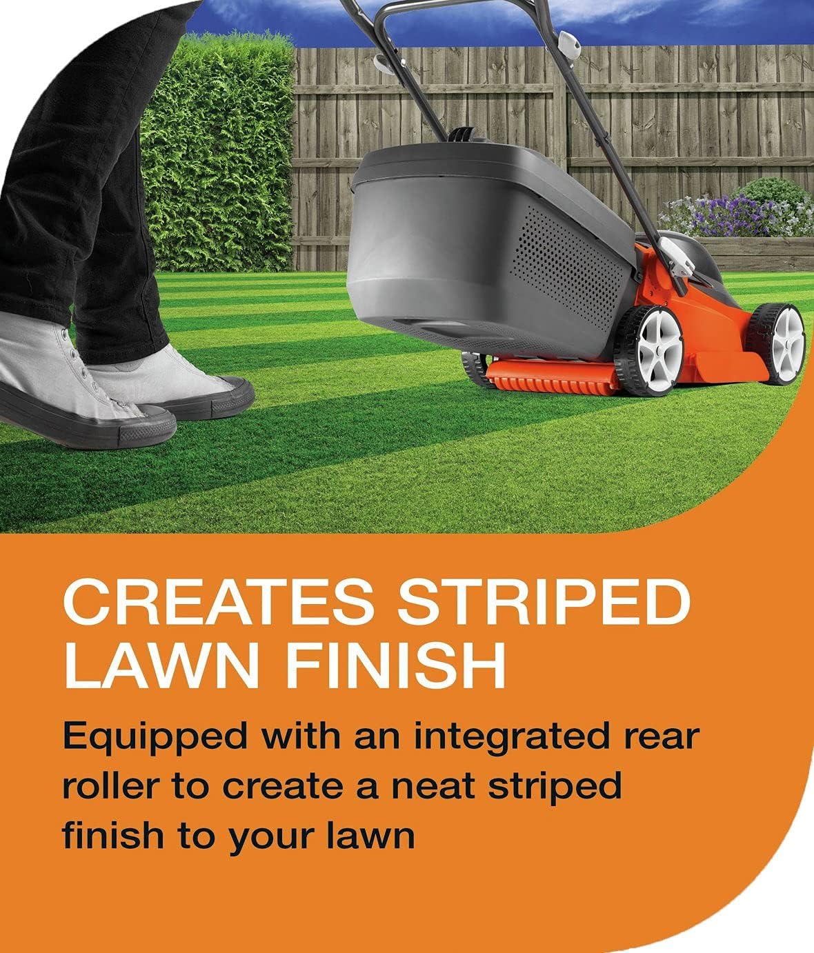 Flymo EasiStore 340R Li Cordless Rotary Lawn Mower - 40 V Battery (20 V x 2 Including Charger), 34 cm Cutting Width, 35 Litre Grass Box, Close Edge Cutting, Rear Roller, Space Saving Storage Features
