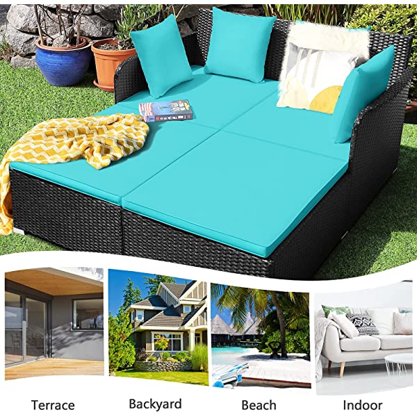 Salches Outdoor Rattan Daybed, Patio Loveseat Sofa Set w/Comfortable Cushions, Extra Pillows & Metal Foot, Sunbed Wicker Furniture for Yard/Poolside/Living Room/Garden/Porch (Red)