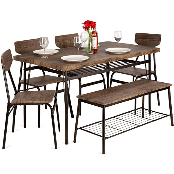 Best Choice Products 6-Piece 55in Wooden Modern Dining Set for Home, Kitchen, Dining Room w/Storage Racks, Rectangular Table, Bench, 4 Chairs, Steel Frame - Brown