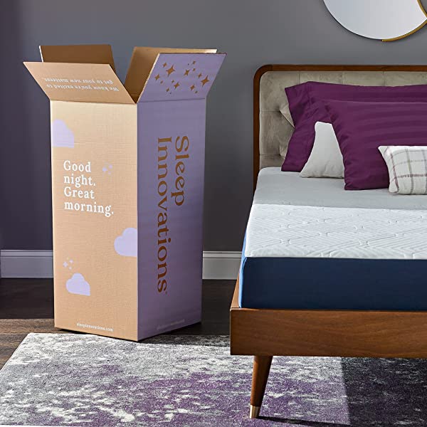 Sleep Innovations Hudson Hybrid Cooling Memory Foam Innerspring Mattress, 12 Inches, Queen Blue and White Queen 12 Inch Hybrid Mattress