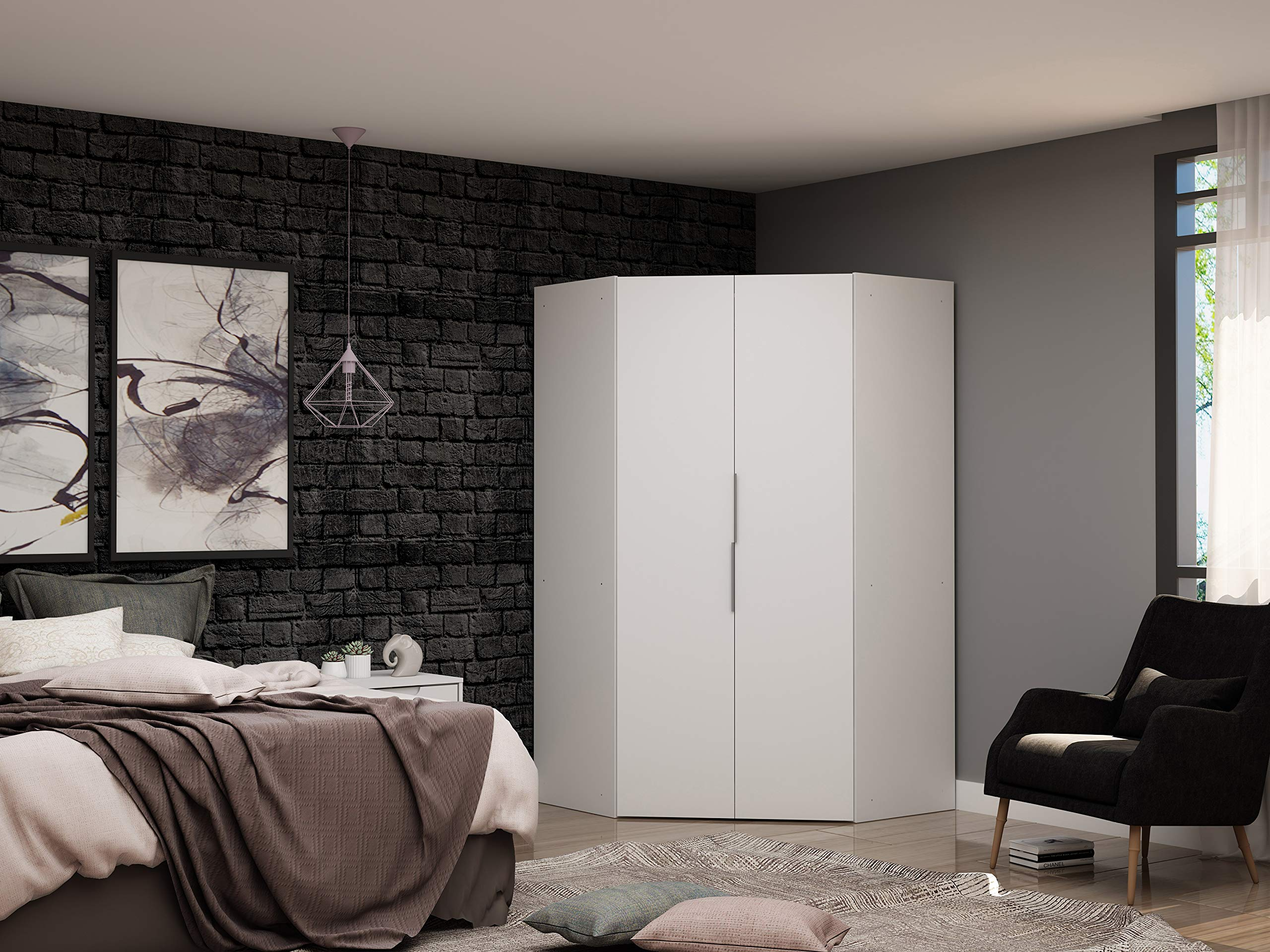 【Furniture】Rockefeller Ultra Modern 2 Door Open Corner Bedroom Closet with Hanging Rods, 65.91