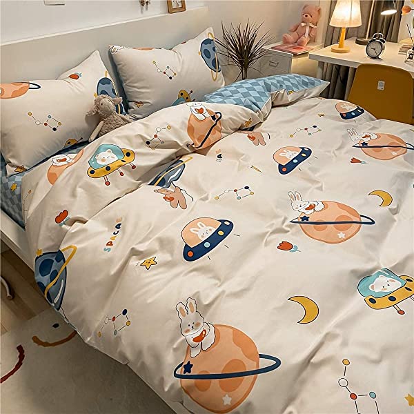 New Cartoon Animals Elephant Print Duvet Cover Sets for Kids 100% Cotton Reversible Soft 3 Pieces Kids Bedding Duvet Cover Pillowcases Kawaii Cloud Bedding Sets, Queen/Full Full/Queen (1 Duvet Cover + 2 Pillowcases) Multi A00 Elephant Bunny Balloon