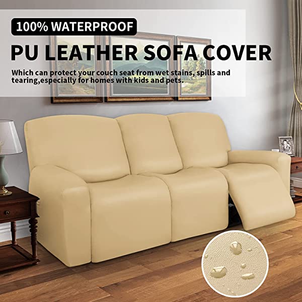 Easy-Going PU Leather Recliner Sofa Slipcovers, Waterproof Stretch Sofa Covers, 8 Pieces Stretch Furniture Protector, Elastic Strap Shield Pets Kids Children Cats Dogs Beige