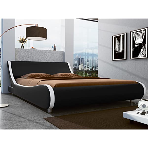SHA CERLIN King Size Platform Bed, Faux Leather Low Profile Sleigh Bed Frame with Adjustable Headboard, Wood Slat Support, Black & White Black + White King