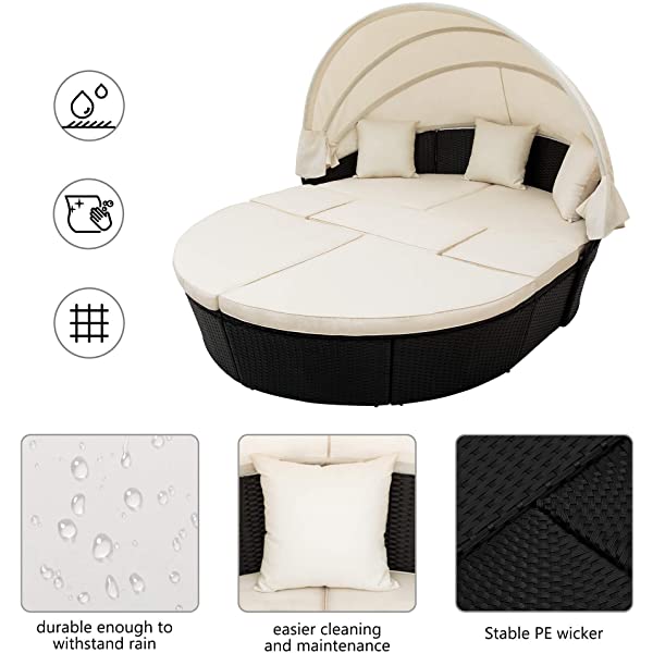 Merax All-Weather Outdoor Sectional Sofa Conversation Set Rattan Daybed Sunbed with Retractable Canopy, Separate Seating and Removable Blue Cushions Brown+blue