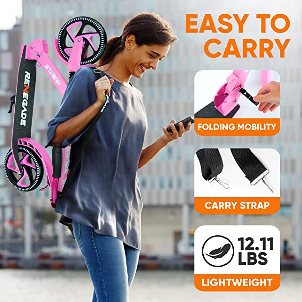 Hurtle Scooter – Scooter for Teenager – Kick Scooter – 2 Wheel Scooter with Adjustable T-Bar Handlebar – Folding Adult Kick Scooter with Alloy Anti-Slip Deck Pink