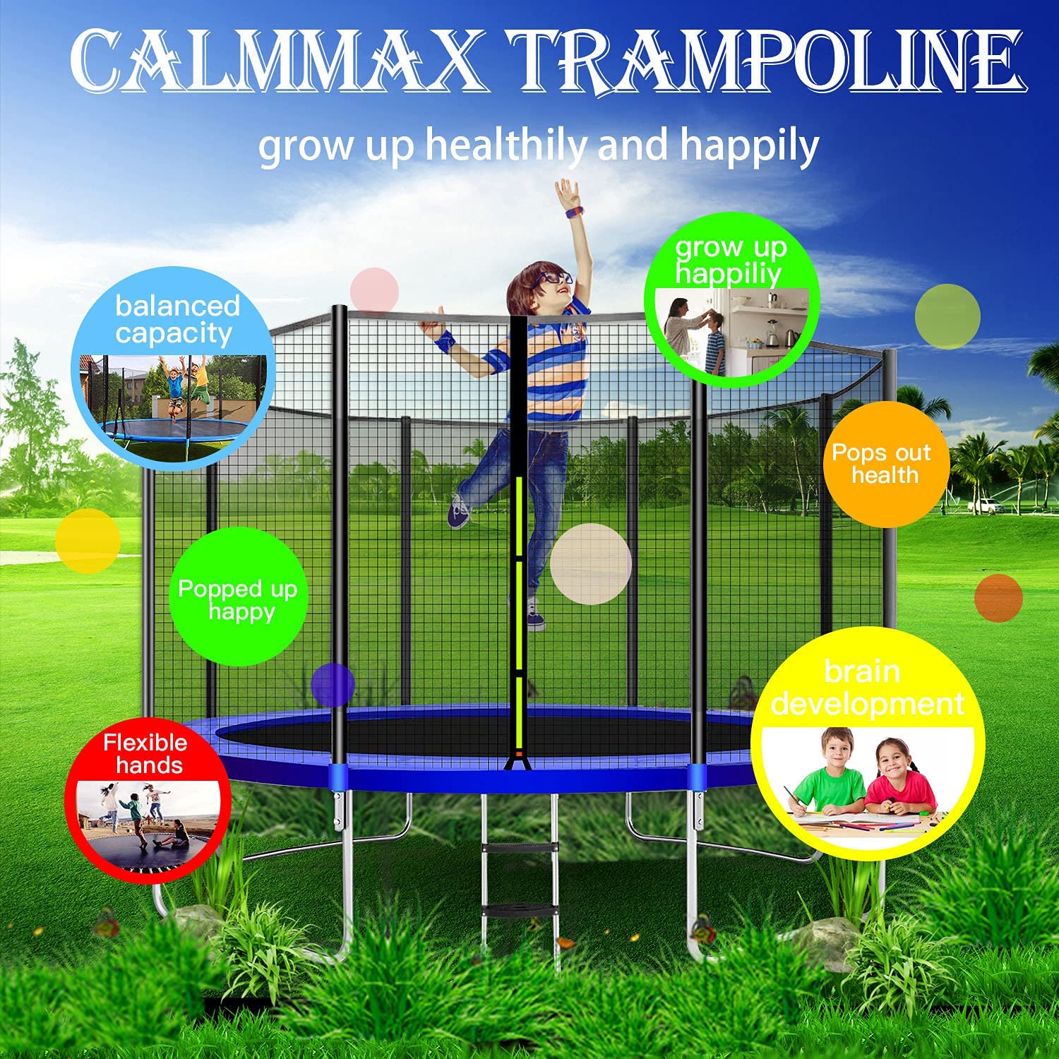 CalmMax Trampoline 12FT Jump Recreational Trampolines with Enclosure Net – ASTM Approved – Combo Bounce Outdoor Trampoline for Kids Family Happy Time