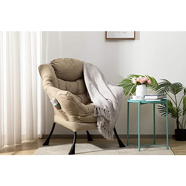 AbocoFur Modern Large Cotton Fabric Lazy Chair，Accent Contemporary Lounge Chair, Single Steel Frame Leisure Sofa Chair with Armrests and A Side Pocket, Beige