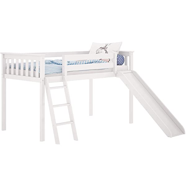 Max & Lily Twin Low Loft Bed with Staircase, White White Low Loft + Staircase Bed