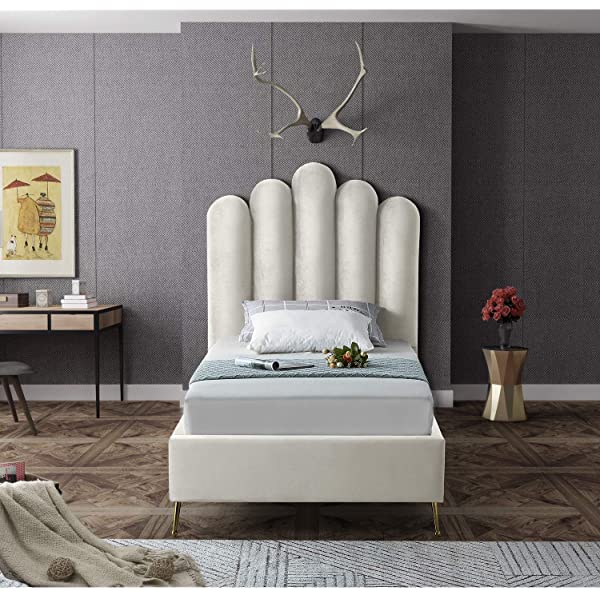 Meridian Furniture Lily Collection Modern | Contemporary Velvet Upholstered Bed with Deep Channel Tufting and Custom Gold Steel Legs, Queen, Cream Cream Queen