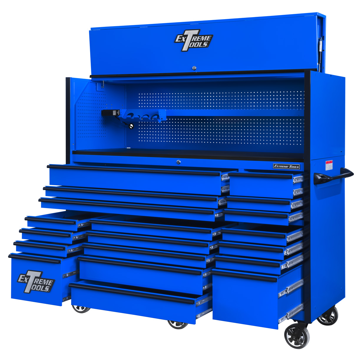 used toolboxExtreme Tools 72in. x 30in. 19 Drawers Triple Bank Roller Cabinet and Power Workstation Hutch Combo