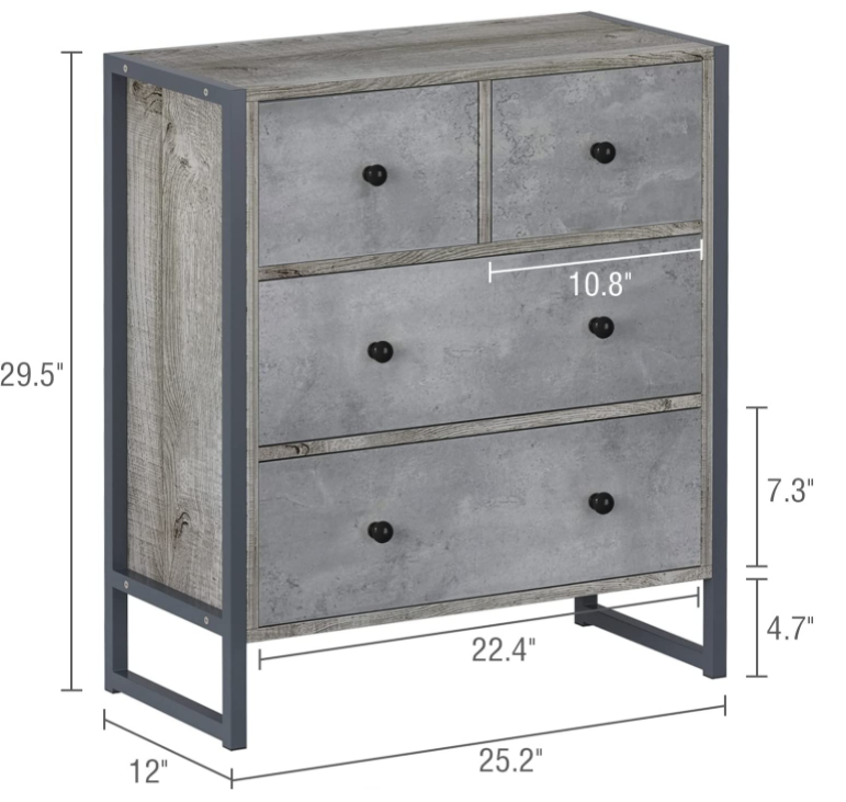 DiDuGo Wood 4 Drawer Dresser Grey Dresser with Metal Frame, Drawer Chest for Bedroom Chest of Drawers (25.2”L x 11.8”W x 29.5”H)